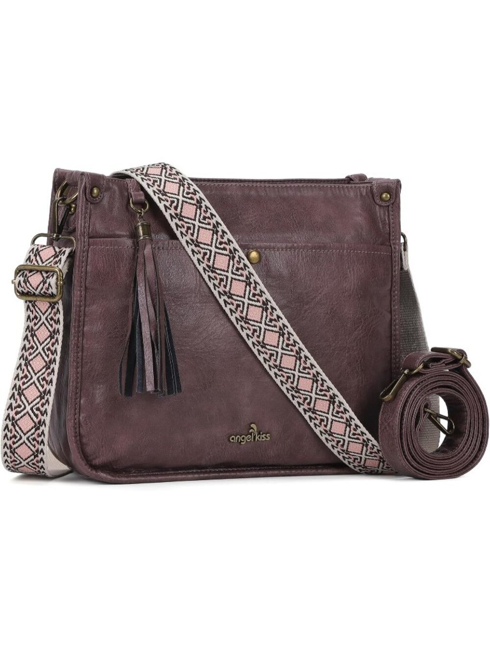 Women's Purple Vegan Leather Crossbody Bags Ladies Tassel Bag with Guitar Strap
